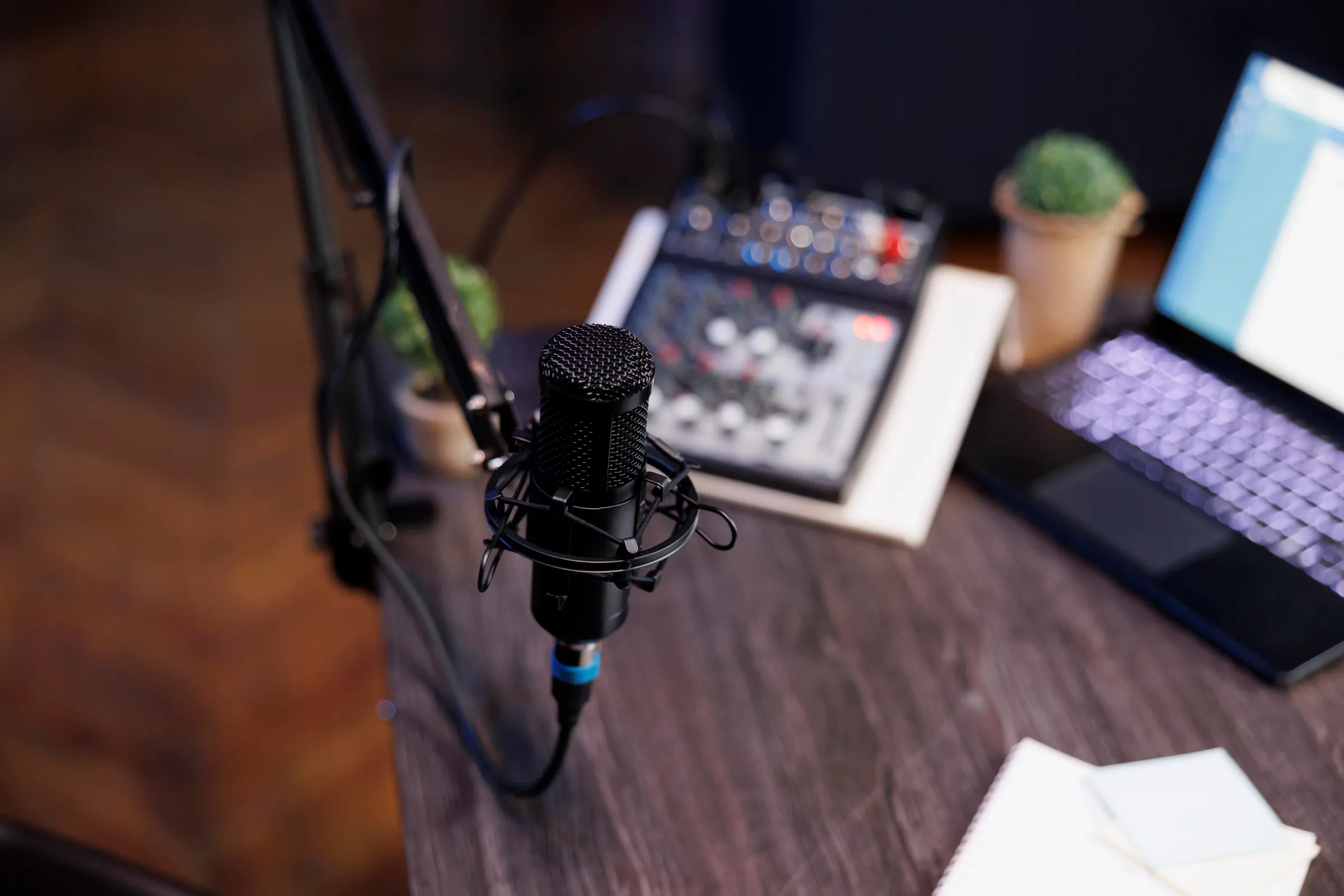 Microphone and mixer on a desk
