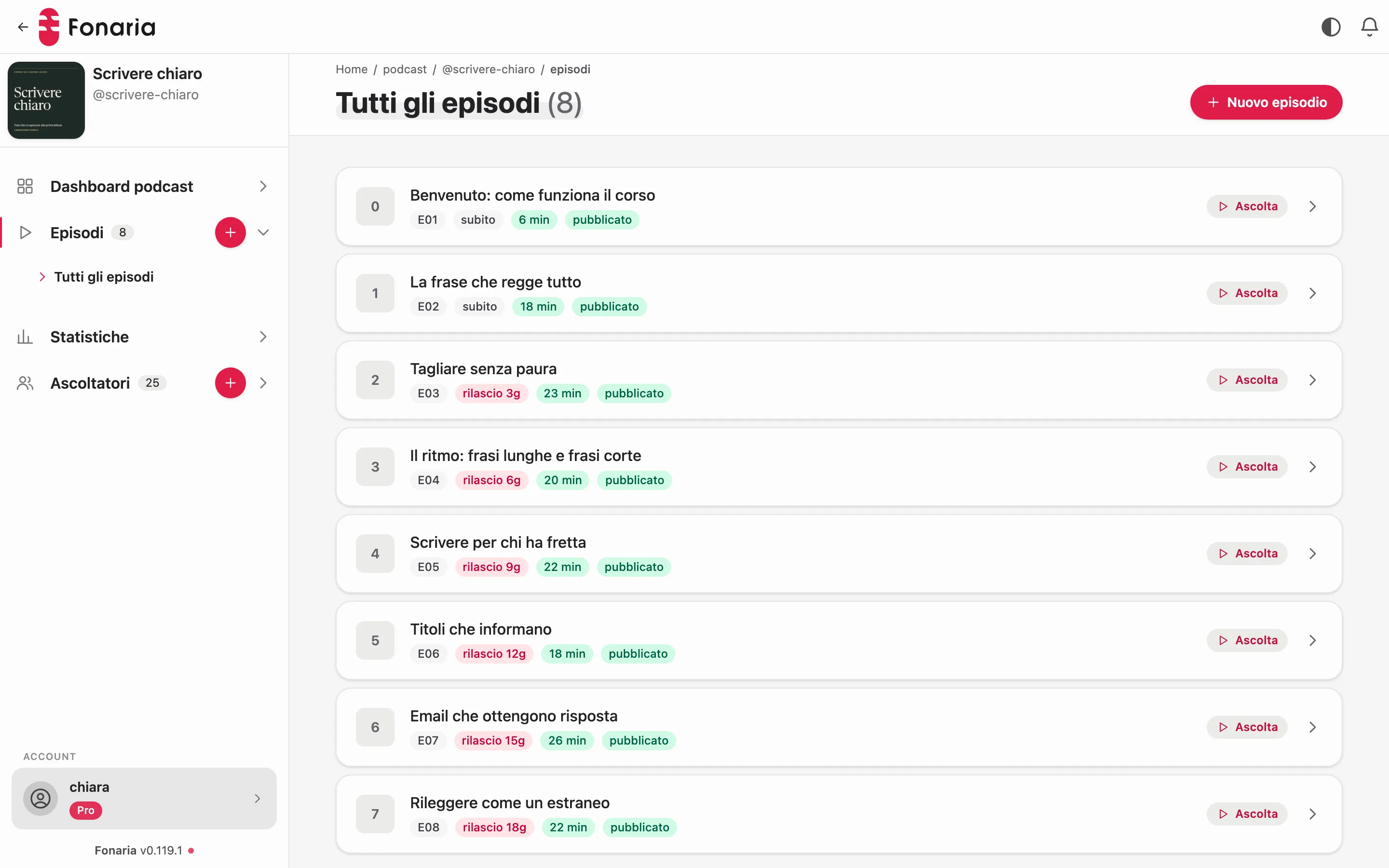 Episode list in the Fonaria dashboard: the first ones straight away, the others 3, 6 and 9 days after joining