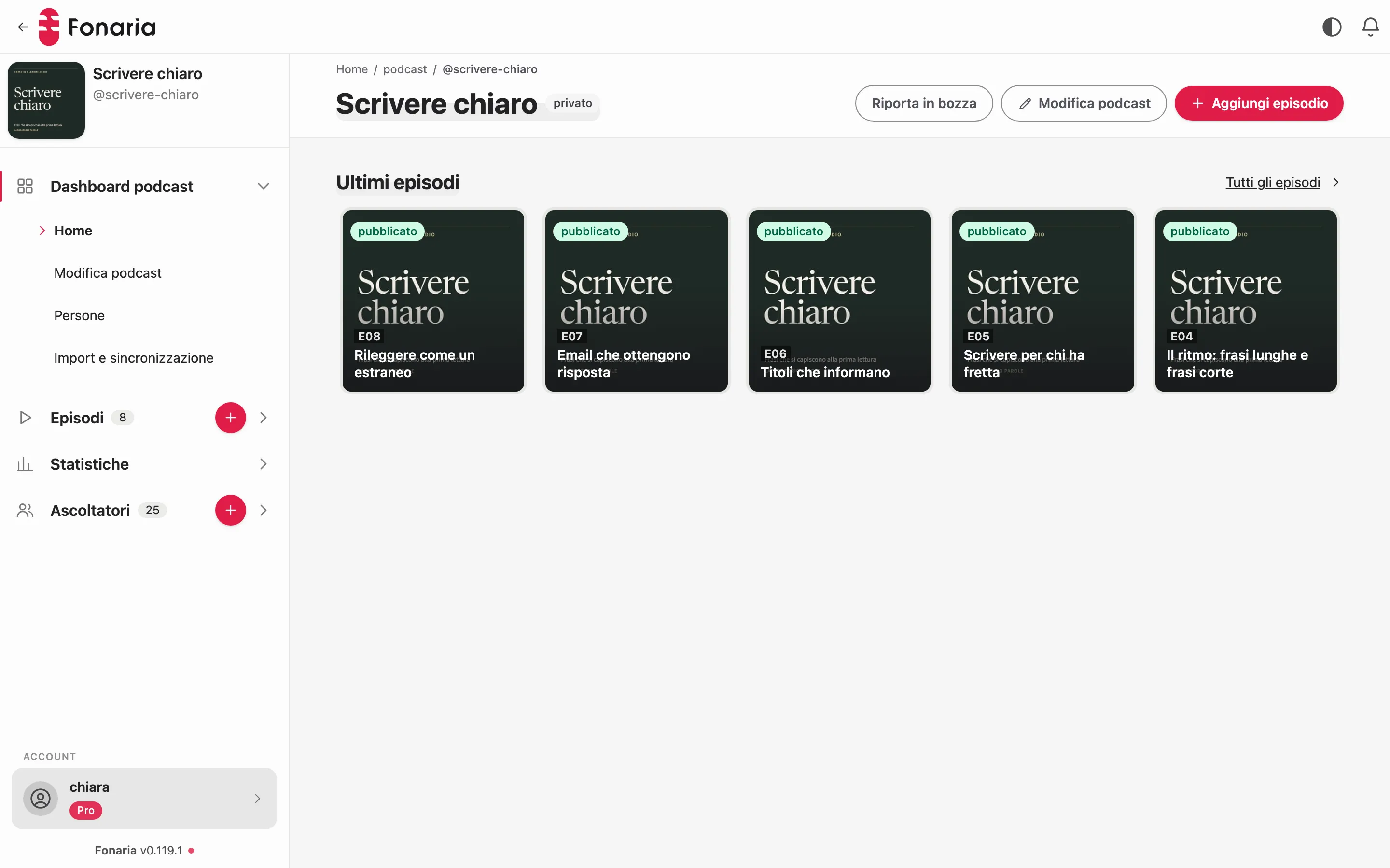 La dashboard di un podcast privato su Fonaria